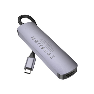 USB HUB разветвитель HOCO HB28 6 в 1 Type-C (m) - USB3.0 + USB2.0 + Type-C PD + HDMI + SD/TF, 14 см, серый металлик
