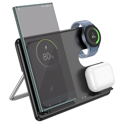 Беспроводное зарядное устройство HOCO CQ2 Flash folding 3-in-1 для iPhone+Airpods+Samsung Watch, 3A, 15W, черный