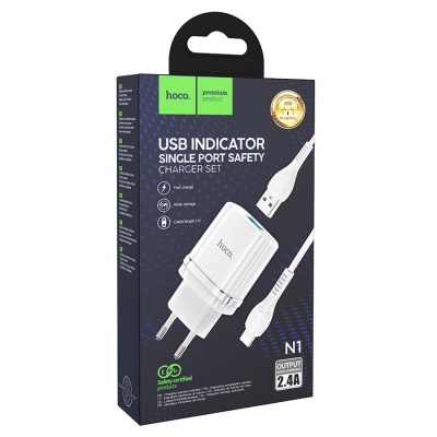 Сетевое зарядное устройство HOCO N1 Ardent 1xUSB с Кабелем USB - Lightning, 2.4A, 10.8W, белый