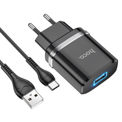 Сетевое зарядное устройство HOCO N1 Ardent 1xUSB с Кабелем USB - Type-C, 2.4A, 10.8W, черный