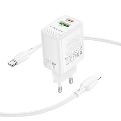 Сетевое зарядное устройство BOROFONE BN29 Fuente 1xUSB + 1xUSB-C с Кабелем Type-C - Lightning, 3A, 30W, белый