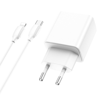 Сетевое зарядное устройство BOROFONE BA67A 1xUSB + 1xUSB-C с Кабелем Type-C - Lightning, 20W, белый