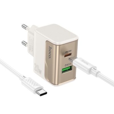 Сетевое зарядное устройство HOCO CS71A Star 1xUSB + 1xUSB-C с Кабелем Type-C - Type-C, 3A, 20W, белый