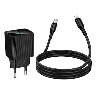 Сетевое зарядное устройство HOCO CS83A Excellent 1xUSB + 1xUSB-C с Кабелем Type-C - Lightning, 3A, 20W, черный