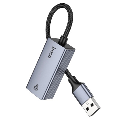 Переходник/Адаптер HOCO UA37 USB (m) - RJ45 (f), 12 см, серый металлик