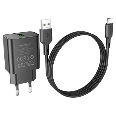 Сетевое зарядное устройство BOROFONE BA72A Spring 1xUSB с Кабелем USB - Type-C, 18W, черный
