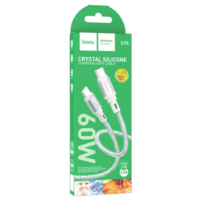 Кабель USB-C HOCO X98 Crystal ice Type-C - Type-C, 3A, 60W, 1 м, серебристый