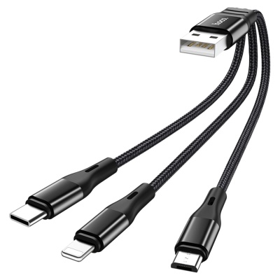 Кабель USB HOCO X47 Harbor 3 в 1 USB - Type-C + Lightning + MicroUSB, 2.4А, 25 см, черный
