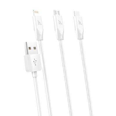 Кабель USB HOCO X1 Rapid 3 в 1 USB - Type-C + Lightning + MicroUSB, 3A, 1 м, белый