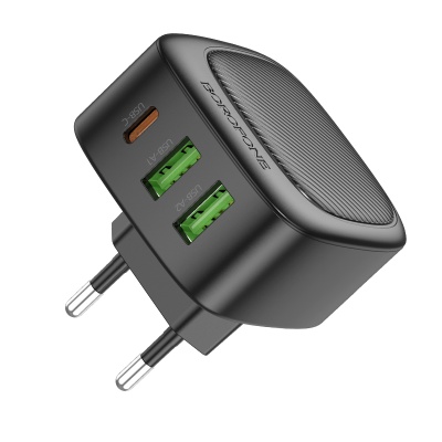 Сетевое зарядное устройство BOROFONE BAS23A Lucky 1xUSB + 2xUSB-C, 3A, 30W, черный