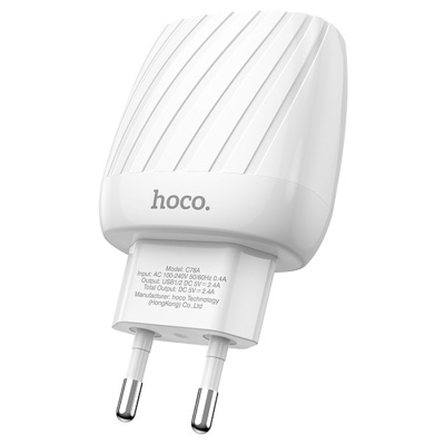 Сетевое зарядное устройство HOCO C78A Max energy 2xUSB, 2.4A, 10.8W, белый