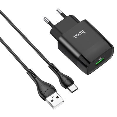 Сетевое зарядное устройство HOCO C72Q Glorious 1xUSB с Кабелем USB - Type-C, 3.0A, 18W, черный