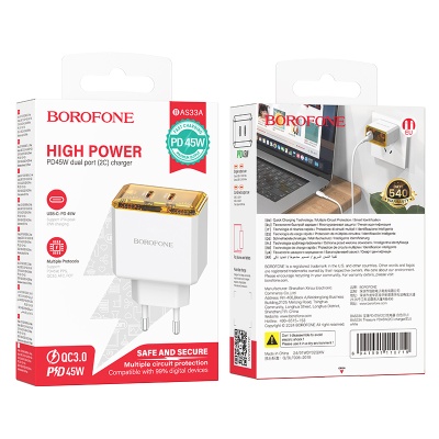 Сетевое зарядное устройство BOROFONE BAS33A Treasure 2xUSB-C, 45W, белый