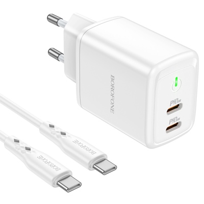 Сетевое зарядное устройство BOROFONE BN9 Reacher 2xUSB-C с Кабелем Type-C - Type-C, 35W, белый