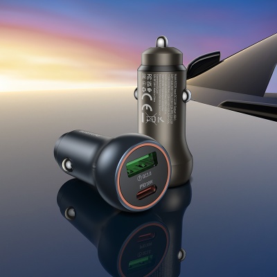 Автомобильное зарядное устройство BOROFONE BZ32B Fresh, 1xUSB + 1xUSB-C с Кабелем Type-C - Lightning, 48W, золотой