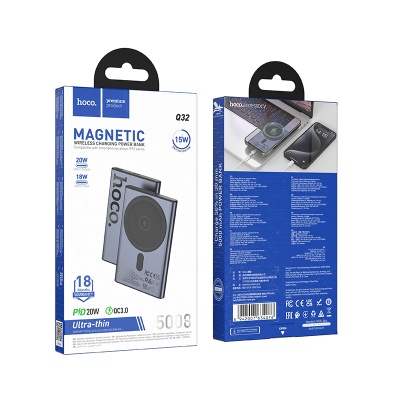 Портативный аккумулятор HOCO Q32 Bird, с беспроводной зарядкой, 20W, 5000 мА⋅ч, серый металлик
