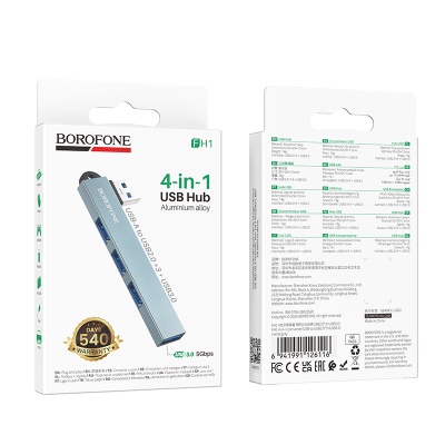 Переходник/Адаптер BOROFONE FH1 4 в 1 USB (m) - 1xUSB3.0 (f) + 3xUSB2.0 (f), серый металлик