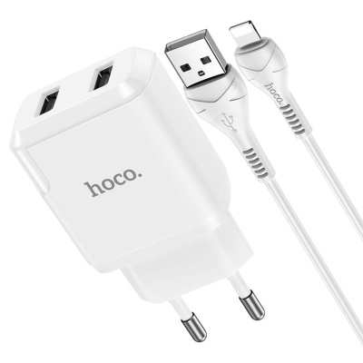 Сетевое зарядное устройство HOCO N7 Speedy 2xUSB с Кабелем USB - Lightning, 2.1A, 10W, белый