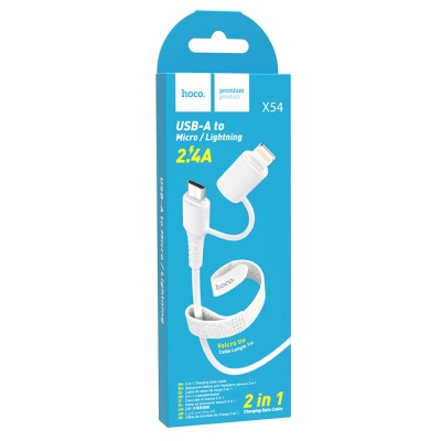 Кабель USB HOCO X54 Cool 2 в 1 USB - Lightning + MicroUSB, 2.4А, 1 м, белый