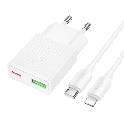 Сетевое зарядное устройство HOCO N73 Speed 1xUSB + 1xUSB-C с Кабелем Type-C - Lightning, 3A, 20W, белый