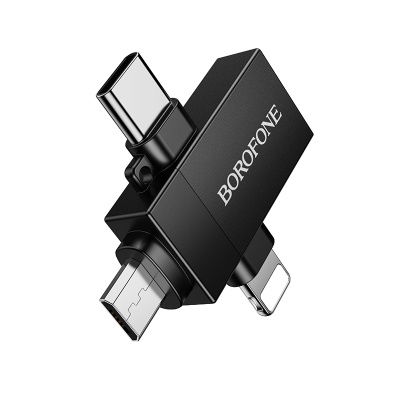 Переходник/Адаптер BOROFONE BV26D 3 в 1 Type-C (m) / Lightning (m) / Micro (m) - USB2.0 (f), черный
