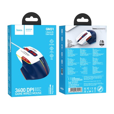 Мышь проводная HOCO GM31 Overlord, USB, белый+синий