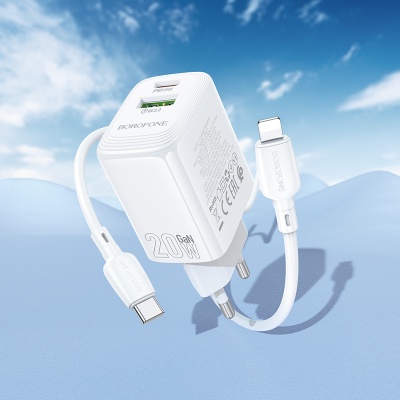 Сетевое зарядное устройство BOROFONE BN27 Fuente 1xUSB + 1xUSB-C с Кабелем Type-C - Lightning, 3A, 20W, белый
