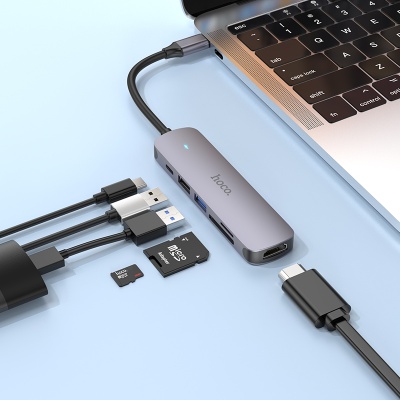 USB HUB разветвитель HOCO HB28 6 в 1 Type-C (m) - USB3.0 + USB2.0 + Type-C PD + HDMI + SD/TF, 14 см, серый металлик