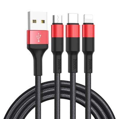Кабель USB HOCO X26 Xpress 3 в 1 USB - Type-C + Lightning + MicroUSB, 2А, 1 м, черный+красный
