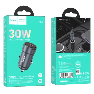 Автомобильное зарядное устройство HOCO Z57 Glorious, 1xUSB-C, 30W, серый металлик