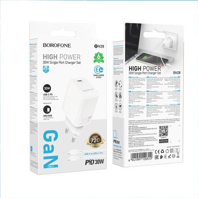 Сетевое зарядное устройство BOROFONE BN28 Fuente 1xUSB-C с Кабелем Type-C - Type-C, 30W, белый
