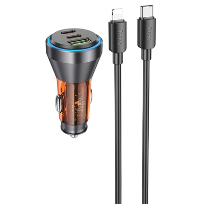 Автомобильное зарядное устройство HOCO NZ12D Lucky, 1xUSB + 2xUSB-C с Кабелем Type-C - Lightning, 60W, оранжевый