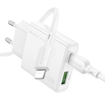 Сетевое зарядное устройство BOROFONE BN24 Wish 1xUSB + 1xUSB-C с Кабелем Type-C - Lightning, 3A, 20W, белый