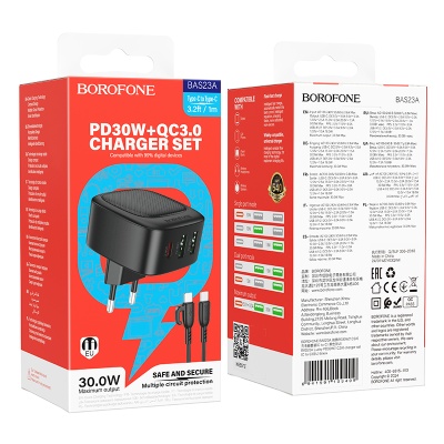 Сетевое зарядное устройство BOROFONE BAS23A Lucky 1xUSB + 2xUSB-C с Кабелем Type-C - Type-C, 3A, 30W, черный