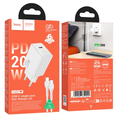 Сетевое зарядное устройство HOCO N68 Nuevo 1xUSB-C с Кабелем Type-C - Type-C, 20W, белый