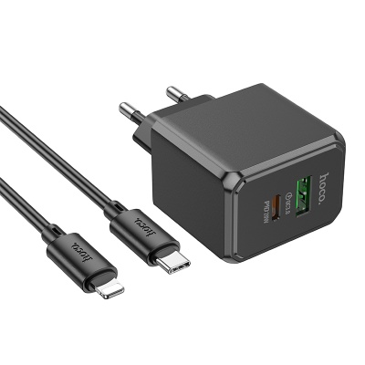 Сетевое зарядное устройство HOCO CS14A Ocean 1xUSB + 1xUSB-C с Кабелем Type-C - Lightning, 3A, 20W, черный