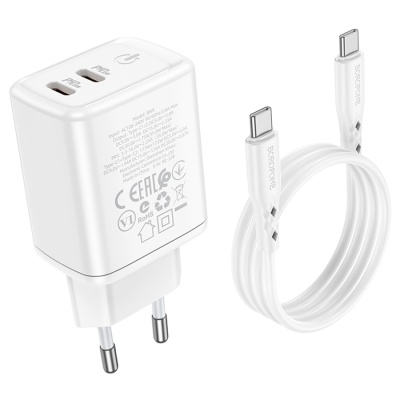Сетевое зарядное устройство BOROFONE BN9 Reacher 2xUSB-C с Кабелем Type-C - Type-C, 35W, белый