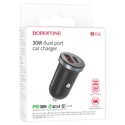 Автомобильное зарядное устройство BOROFONE BZ22 Scenery, 1xUSB + 1xUSB-C, 30W, черный