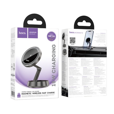 Автомобильный держатель HOCO HW33 Metal, магнитный с беспроводной зарядкой, 15W, на приборную панель, серый металлик