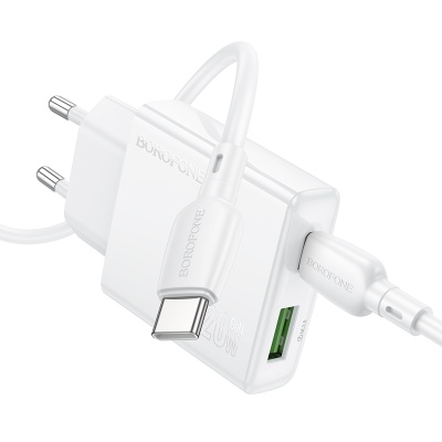 Сетевое зарядное устройство BOROFONE BN24 Wish 1xUSB + 1xUSB-C с Кабелем Type-C - Type-C, 3A, 20W, белый