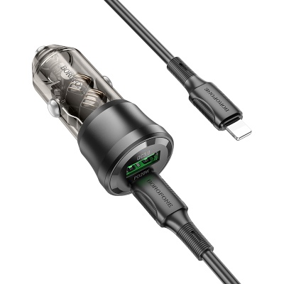 Автомобильное зарядное устройство BOROFONE BZ25 Journey, 1xUSB + 1xUSB-C с Кабелем Type-C - Lightning, 38W, прозрачный черный