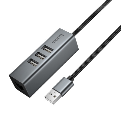 USB HUB разветвитель HOCO HB1D 4 в 1 USB (m) - 3xUSB2.0 (f) + RJ45 (f), 1 м, серый металлик