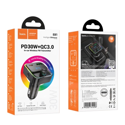 Автомобильное зарядное устройство с FM-Трансмиттер HOCO E81 Fantasy, 1xUSB + 1xUSB-C, 30W, черный