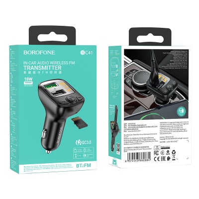 Автомобильное зарядное устройство с FM-Трансмиттер BOROFONE BC41 Eminency, 2xUSB, 1A, 18W, черный