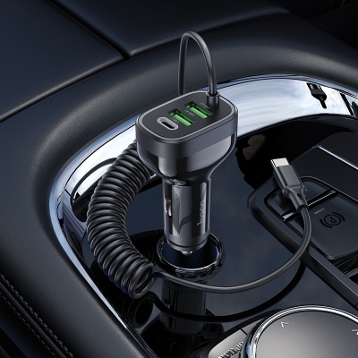 Автомобильное зарядное устройство HOCO NZ11A Guide, 1xUSB + 2xUSB-C с Кабелем Type-C, 3A, 30W, черный