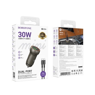 Автомобильное зарядное устройство BOROFONE BZ32A Fresh, 1xUSB + 1xUSB-C с Кабелем Type-C - Type-C, 3A, 30W, золотой