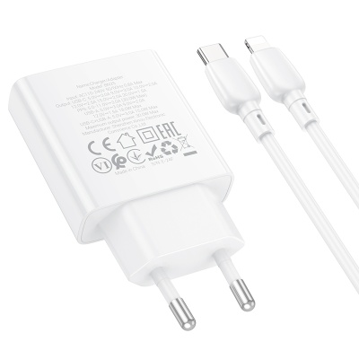 Сетевое зарядное устройство BOROFONE BN25 Wish 1xUSB + 1xUSB-C с Кабелем Type-C - Lightning, 3A, 30W, белый