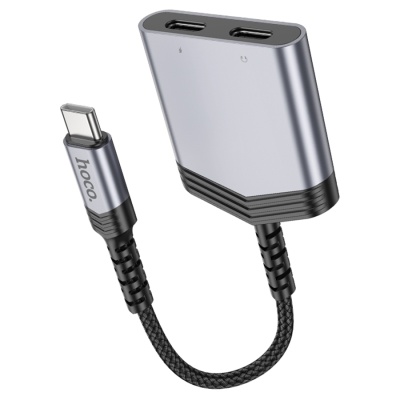 Переходник/Адаптер HOCO LS40 Type-C (m) - Dual Type-C (f), 8 см, серый металлик