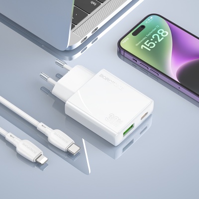 Сетевое зарядное устройство BOROFONE BN25 Wish 1xUSB + 1xUSB-C с Кабелем Type-C - Lightning, 3A, 30W, белый