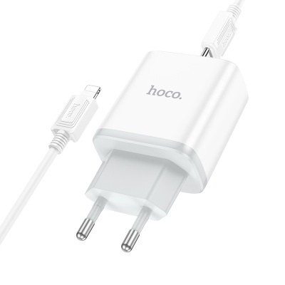 Сетевое зарядное устройство HOCO C105A Stage 1xUSB + 1xUSB-C с Кабелем Type-C - Lightning, 3A, 20W, белый